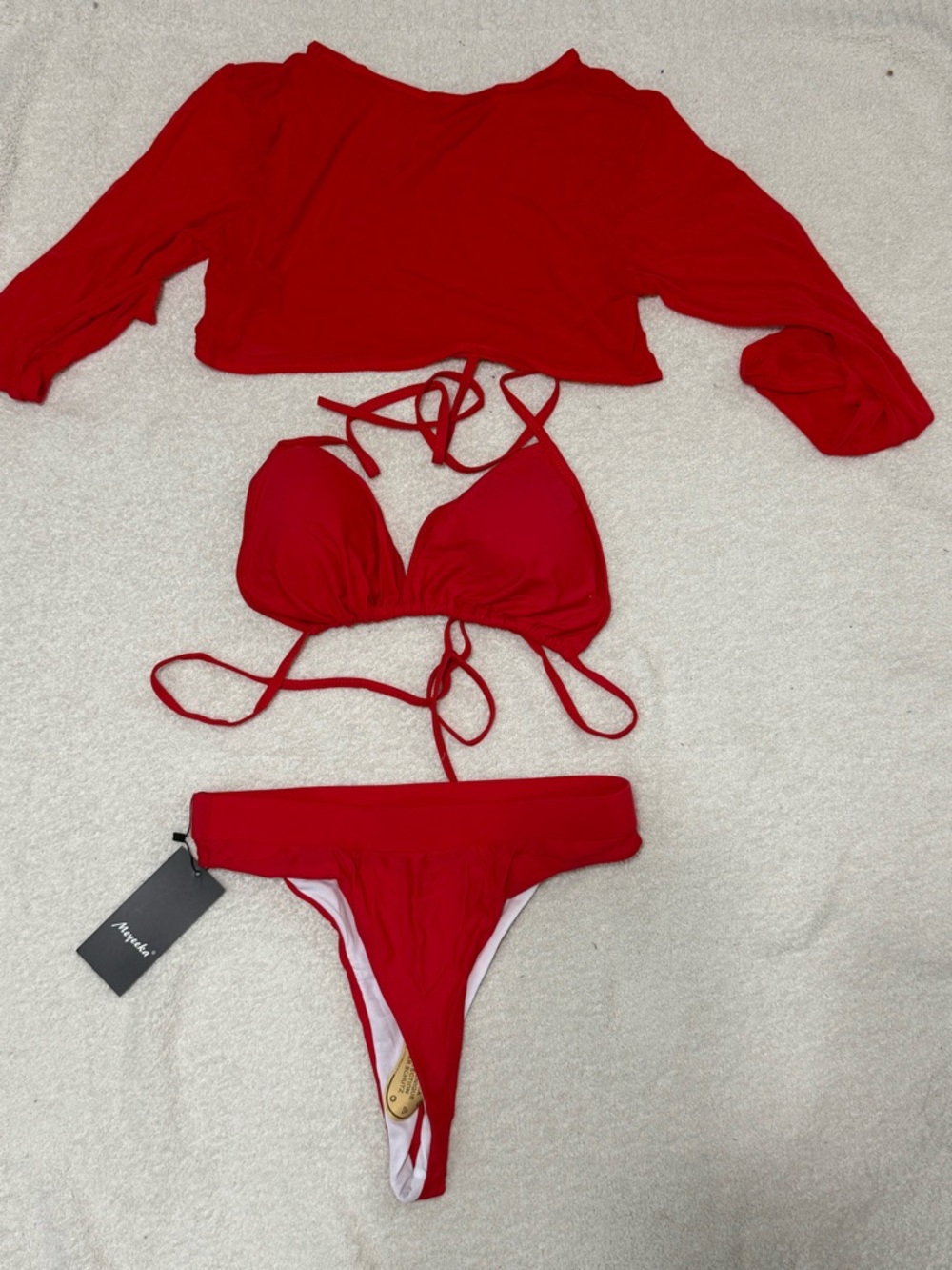Red Triangle Bikini Set with Long-Sleeve Crop Cover
